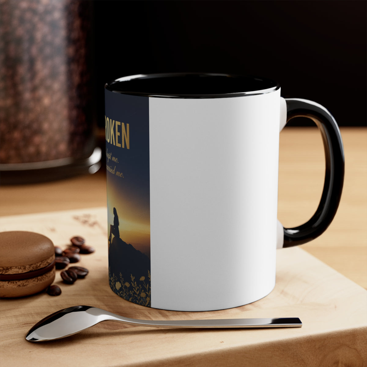 Unbroken Faith Accent Mug — Inspirational Christian Coffee Cup with 'Faith kept me, Grace carried me'