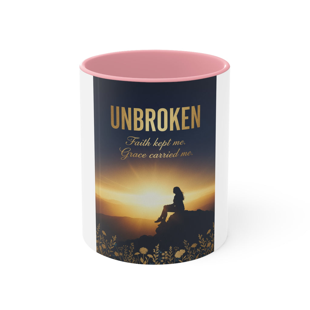 Unbroken Faith Accent Mug — Inspirational Christian Coffee Cup with 'Faith kept me, Grace carried me'