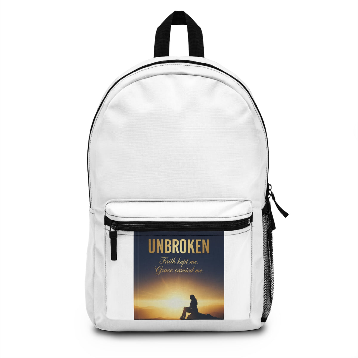 Unbroken Inspirational Backpack — 'Unbroken' Faith Quote Sunset Design