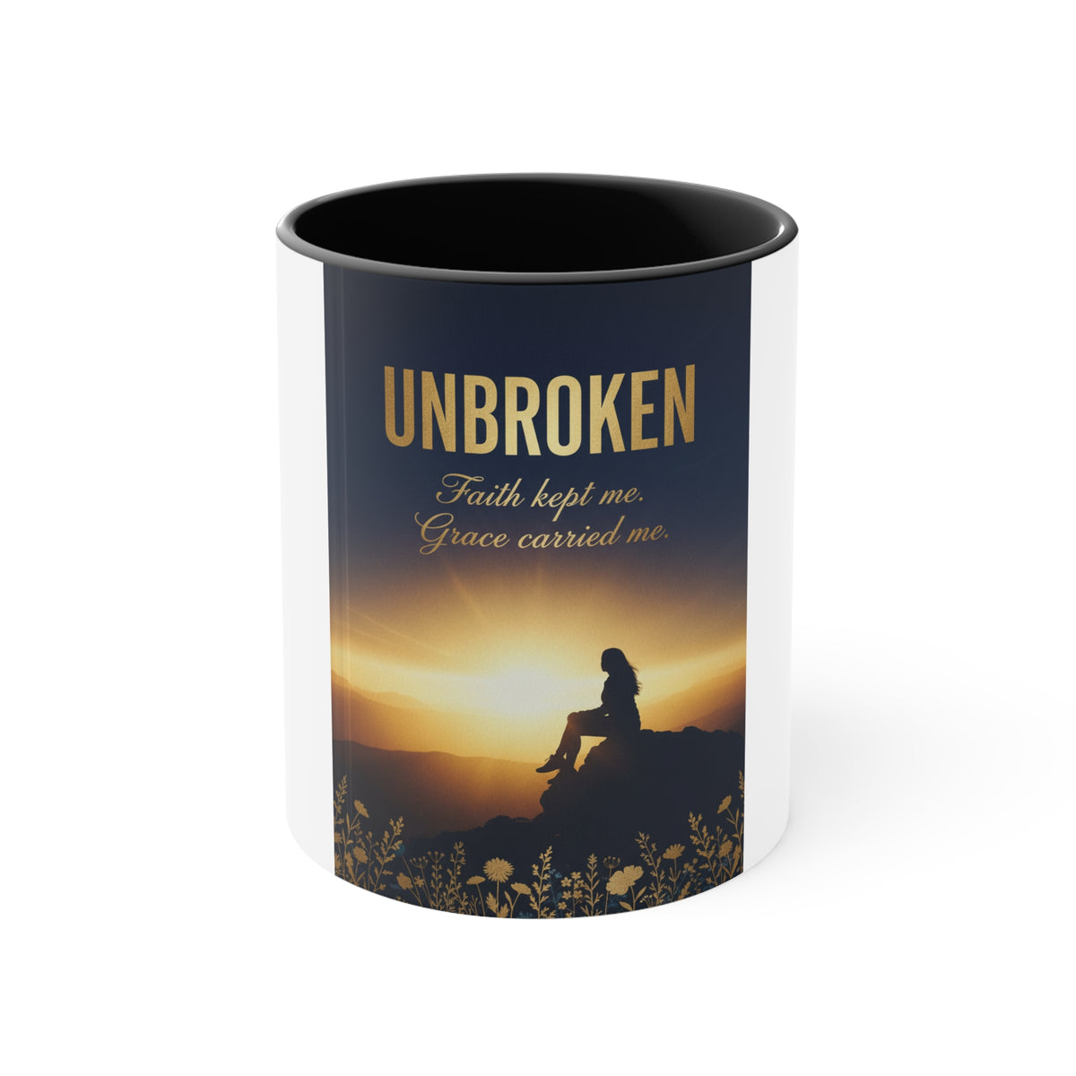 Unbroken Faith Accent Mug — Inspirational Christian Coffee Cup with 'Faith kept me, Grace carried me'