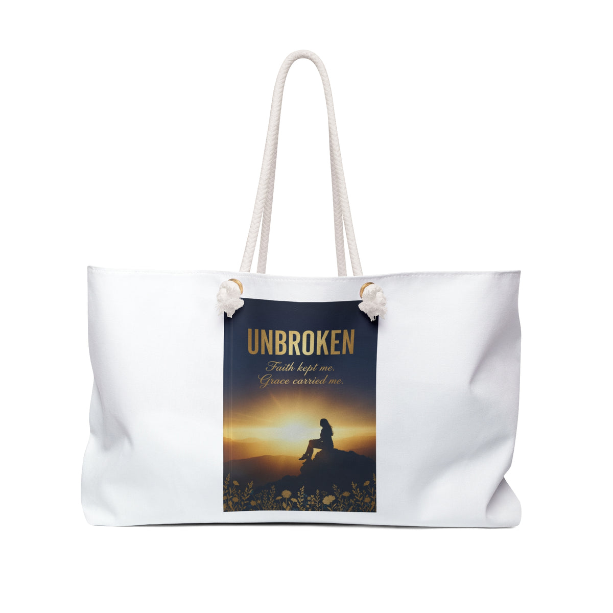 Unbroken Inspirational Weekender Bag — Motivational Travel Tote with Sunset Silhouette