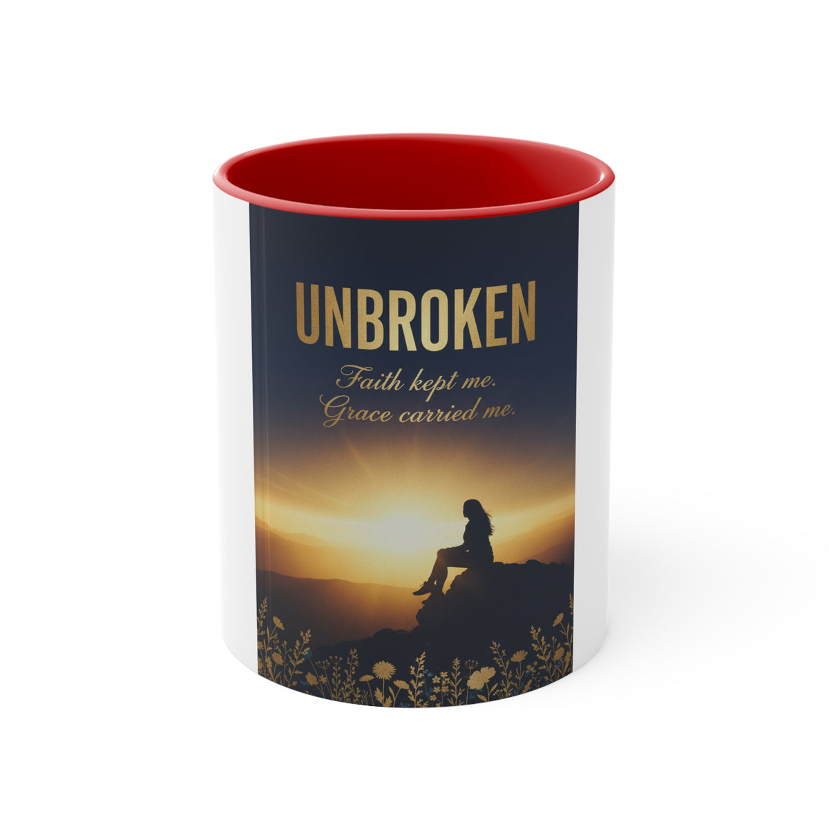Unbroken Faith Accent Mug — Inspirational Christian Coffee Cup with 'Faith kept me, Grace carried me'