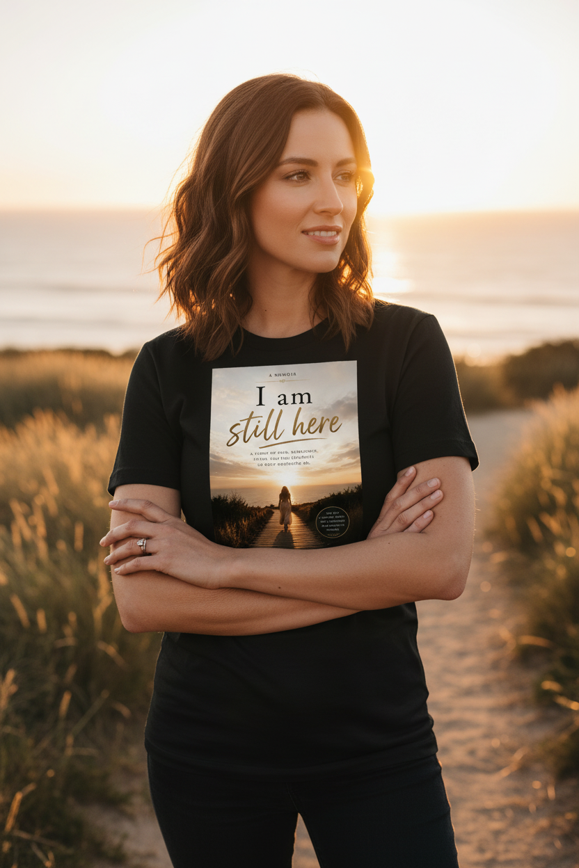I Am Still Here memoir cover art tee - lifestyle on-model shot