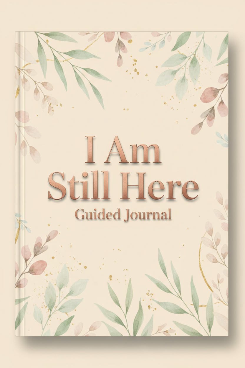 I Am Still Here Guided Journal cover — rose-gold botanical design