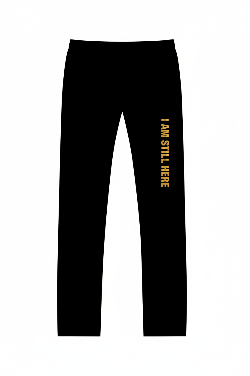 Black sweatpants with gold I Am Still Here text on leg