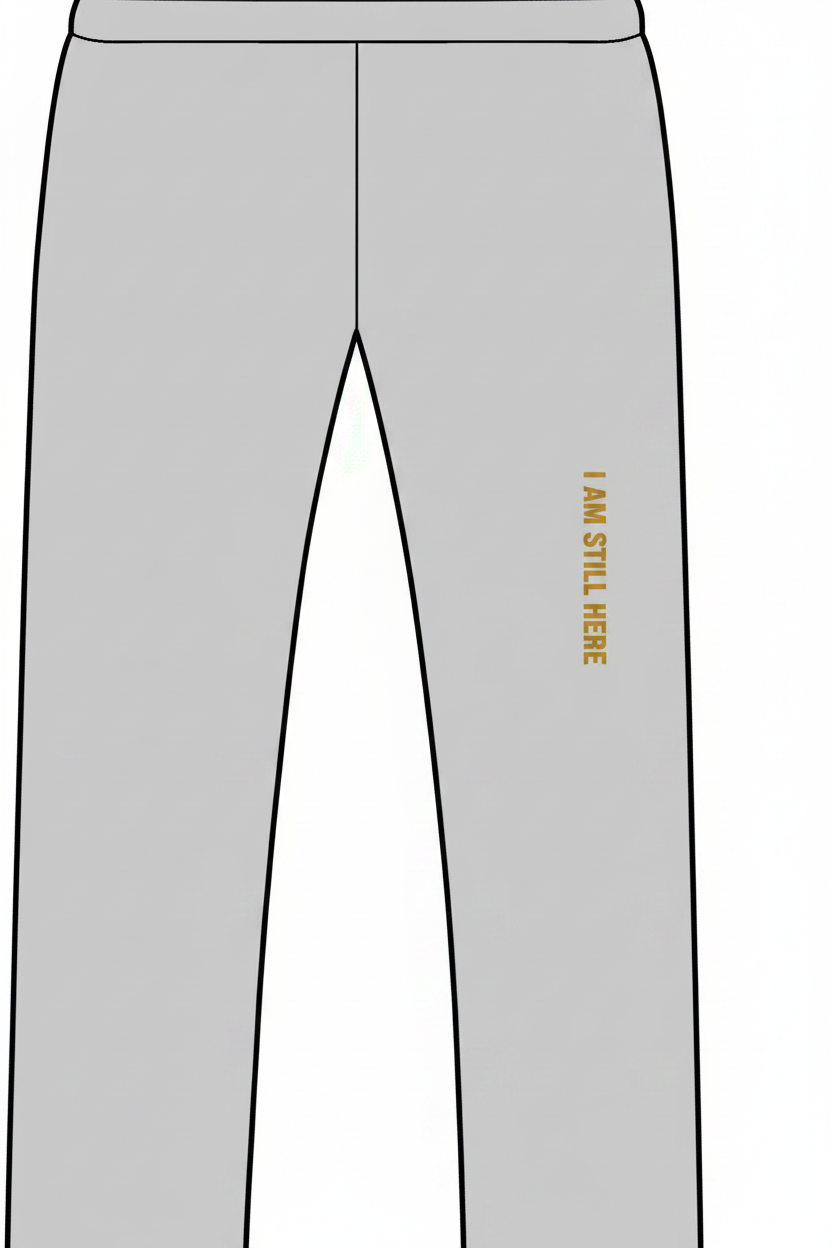 Gray sweatpants with gold I Am Still Here text on leg